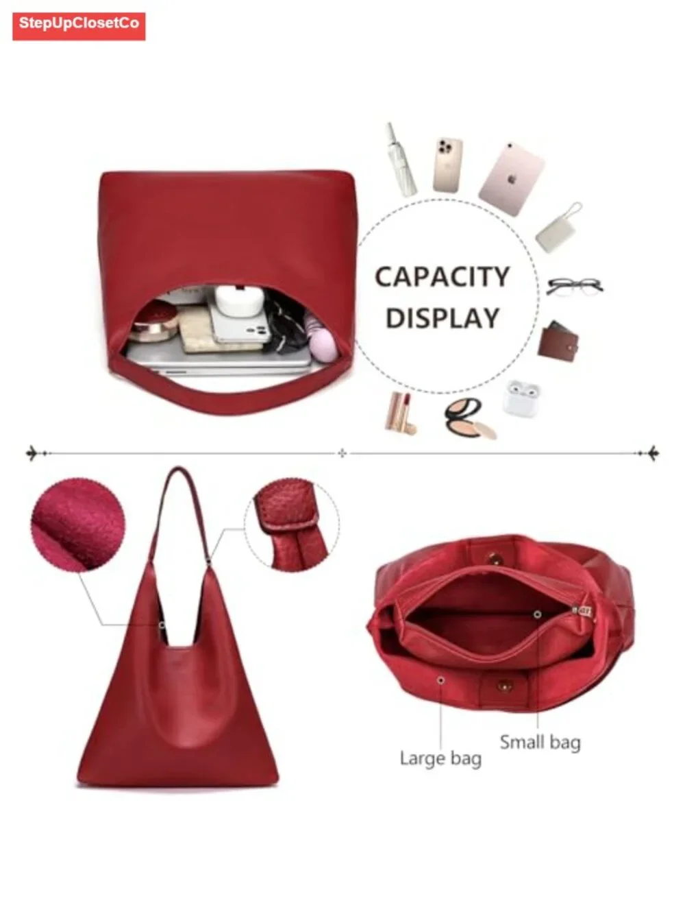 Women's Hobo Handbag Soft Faux Leather Slouchy Shoulder Tote with Cosmetic Bag